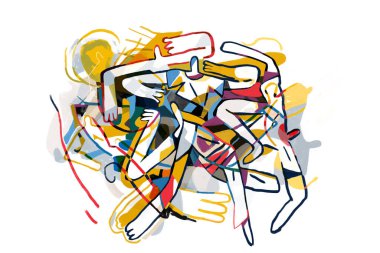 Soyut insanları bir araya getir. Kübizm Sanatı etkisi. Resim, Modern Soyut Graffiti çizimi. Birincil Renk ile boya. Yazdırma ve Poster için çağdaş sanat