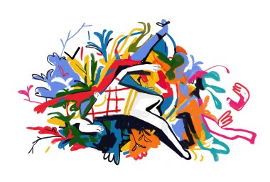 Soğutucu Adam Çiçeklerin ve Bitkilerin Üzerinde Renkli Uzanıyor. Resim, Modern Soyut Graffiti çizimi. Matbaa ve Poster için çağdaş sanat. Fauvism etkisi