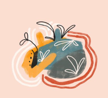 Sakinleştirici soyut resim. Bitki ve çiçek çizgisi sanatıyla. Moda illüstrasyon. Bej üzerine pastel renkte barışçıl ve keyifli boyama. Yazdırma ve poster sanatı