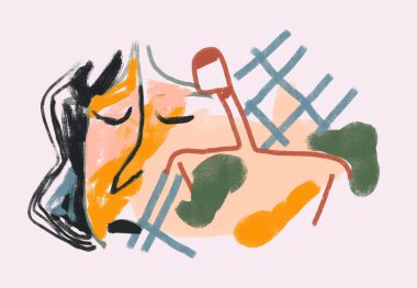 Soyut Yüz ve şekilleri ve çizgileri olan insanlar. Pastel renkli moda illüstrasyon. Yazdırma ve poster sanatı