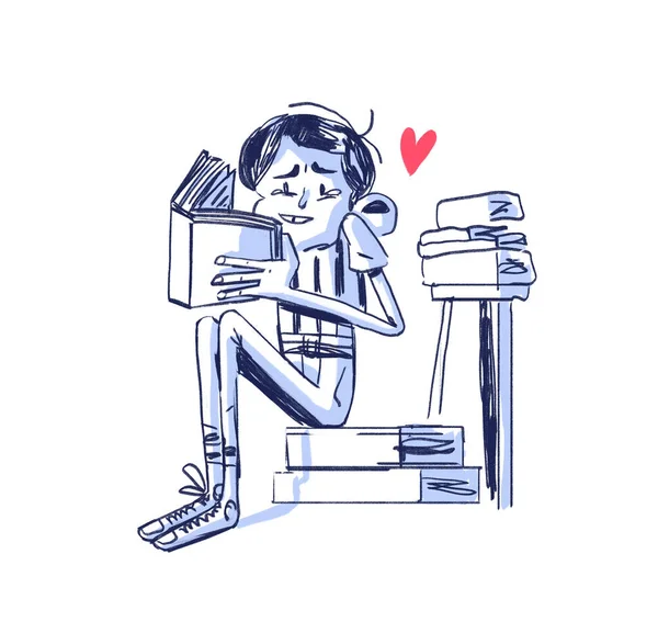 Chico Feliz Encanta Leer Hermoso Libro Cuentos Dibujo Boceto Con — Foto de Stock