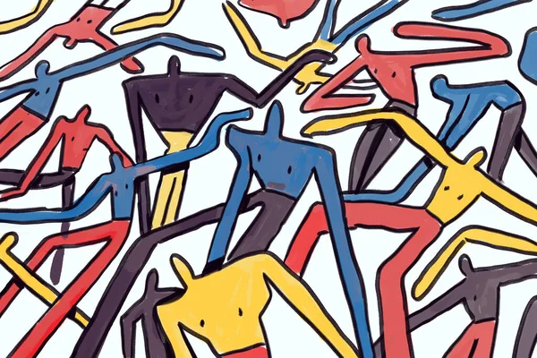 Keith Haring resim yapıyor. Yarı soyut resim. Mavi, kırmızı ve sarı çizgili bir resim. Poster ve baskı sanatı için