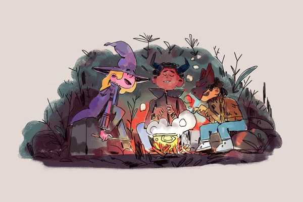 아이들 할로윈 이벤트 레이스 마녀들과 몬스터들 매력적 삽화와 할로윈을 마법적 — 스톡 사진