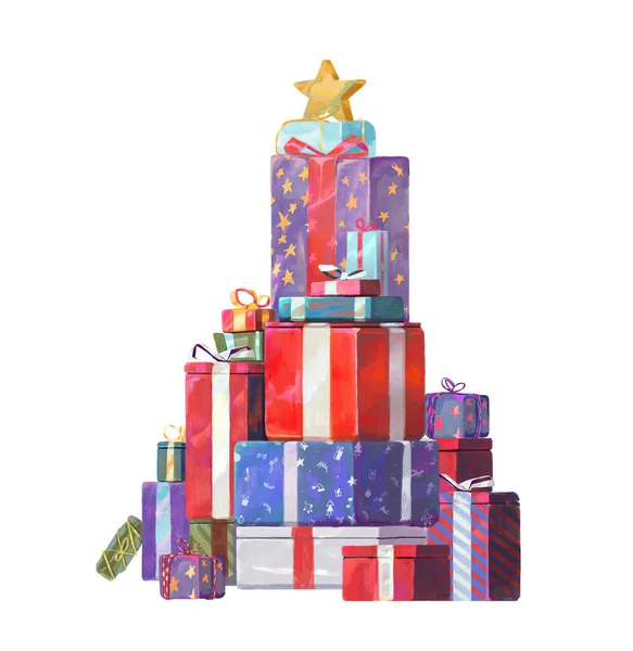 Εικονογράφηση Χριστουγεννιάτικου Δέντρου Από Πολύχρωμα Δώρα Και Δώρα Ημιρεαλιστική Ακουαρέλα — Φωτογραφία Αρχείου