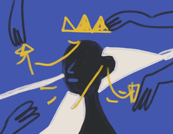 Kral portresini el ve tacı ile giydirin. Dışavurumculuk, resim ve modern soyut sanat. Basquiat titreşimi. Baskı ve poster için sanat