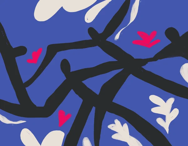 Zwarte Mensen Silhouet Dansen Rond Bloemen Fauvisme Matisse Vibe Wit — Stockfoto