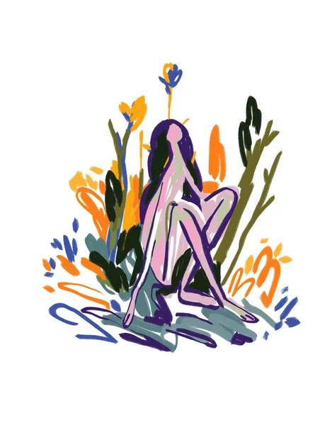 Flicka Sitta Och Kyla Naturen Vit Växt Och Blomma Handmålning — Stockfoto
