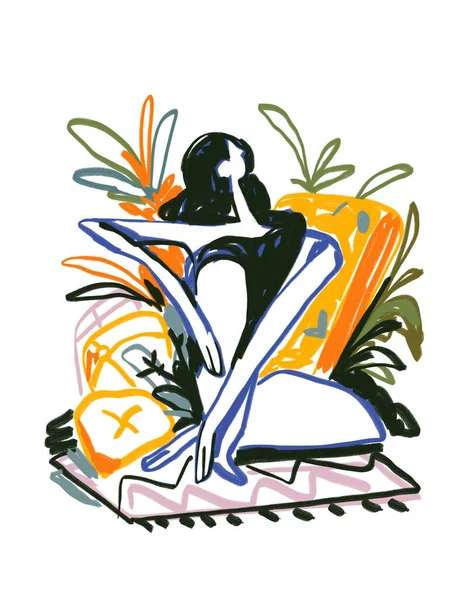 Mujer Abstracta Sentada Casa Con Almohada Planta Expresionismo Abstracto Pintura —  Fotos de Stock