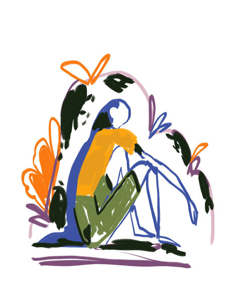 Boring Girls siting on grass. Abstract art trendy color and style. Modern Minimalist art. Art for print and poster