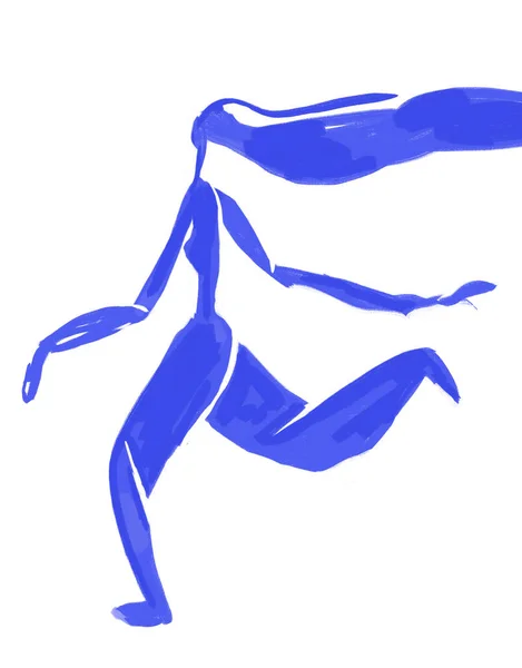 Blue Woman Silhouette Run, Shape ve soyut vücut Henri Matisse Style. Dışavurumculuk ve Fauvizm Sanatı. Mavi güzel resimli el boyası.,