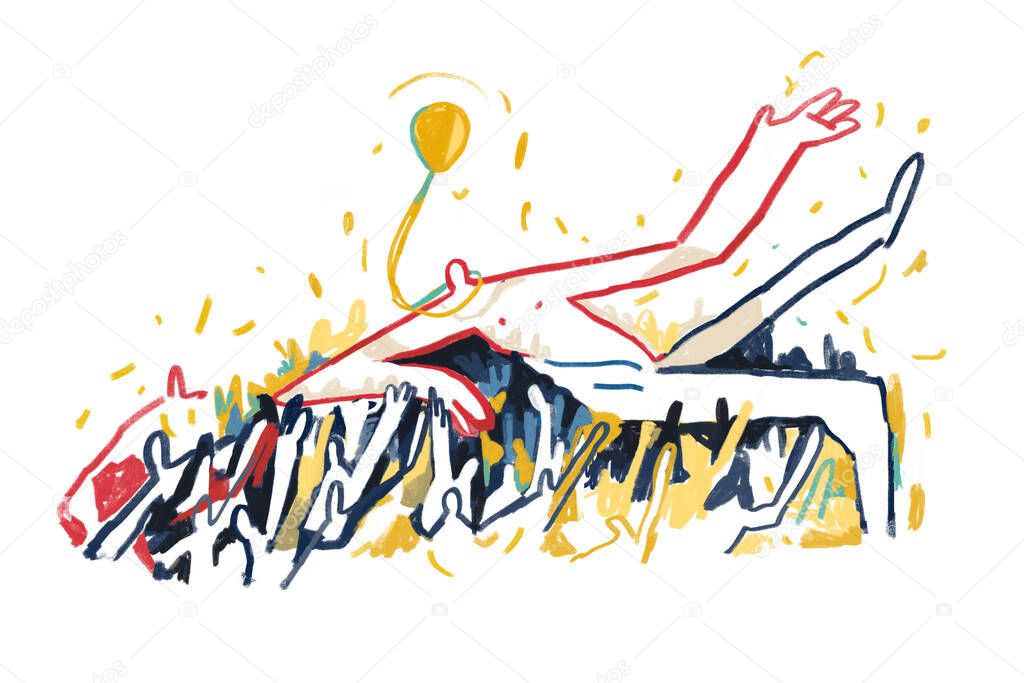 Victory Concept with cheer. Painting, Modern Abstract Graffiti illustration. Victory concept with champion, cheer after sport competition. Cartoon Painting with Primary Color. Contemporary art.