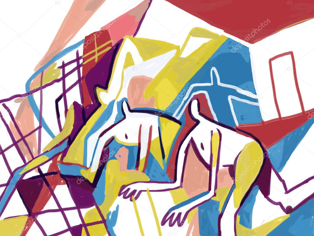 Peoples running. Abstract People Painting. Expressionism and cubism vibe. Contemporary art for print and poster decoration