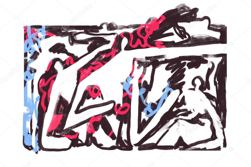 Abstract graffiti paint with people. Rough painting with bold line. Dark and rough painting.Contemporary art for Print and Poster. keith Herring Vibe