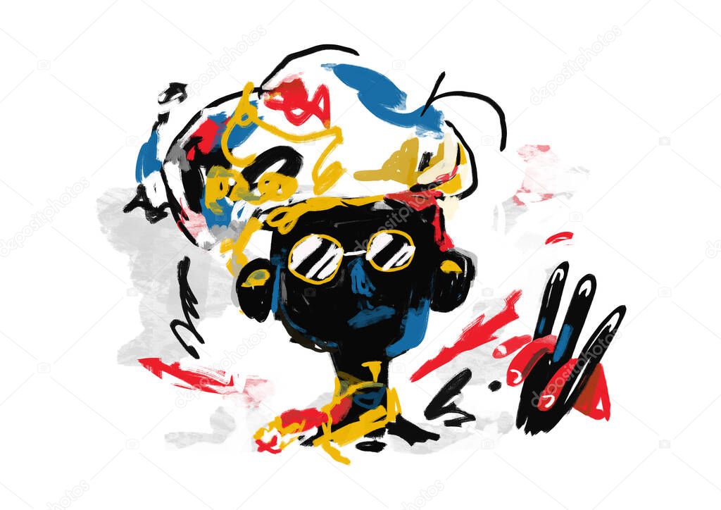 Portrait of African Man with Sunglasses. Painting, Modern Abstract Graffiti illustration. Paint with Primary Color. Contemporary art for Print and Poster