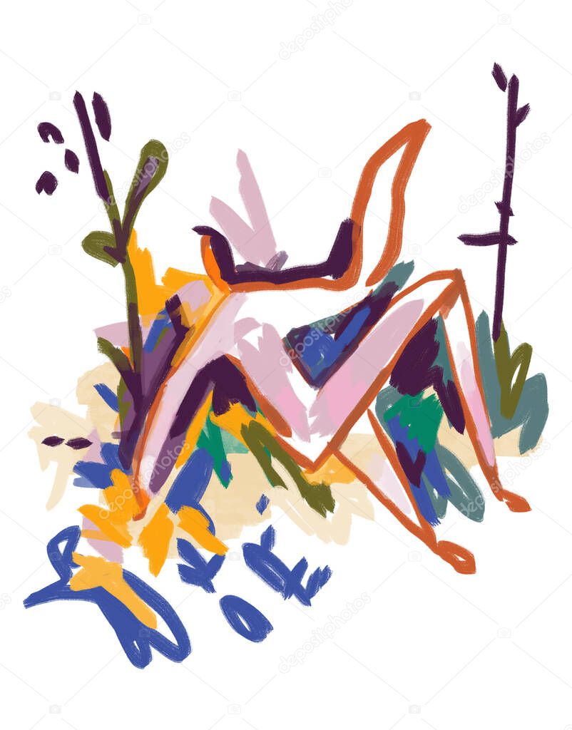 Abstract Person Paint on Colorful character with abstract plan and flower. Expressionism and modern painting. Abstract art.