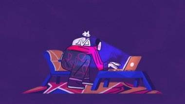 Geceleri çalışan bir kadın. Üzerinde kedi resmi olan komik bir animasyon. Serbest Çalışan konsepti videosu. Hareketli tasarım animasyonu ve dokusu olan renk.