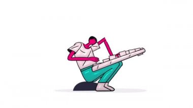 3D animasyoncu dev klavyede hızlı yazıyor. Bilgisayarı bozdum. Komik ve mizah anlayışı. Çizgi film döngüsü. Plastik işlemeli beyaz üzerine izole edilmiş..