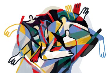 Renkli soyut sanat kübizm sanat tarzı, özgün renklere sahip soyut insanlar. Baskı ve duvar sanatı için. Picasso ve Keith Haring tarzı.