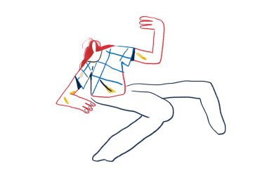 Çizgi sanatı, renkli soyut insanlar, dışavurumculuk ve Keith Haring sanat tarzı. Dans eden biri. Baskı ve duvar sanatı için birincil renkle çizim yapmak ve beyaza izole etmek.
