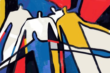 Renkli soyut neoplastisizm ve kübizm sanat tarzı. Mondrian tarzında soyut insanlarla birincil renkle resim yapmak. Baskı ve duvar sanatı için.