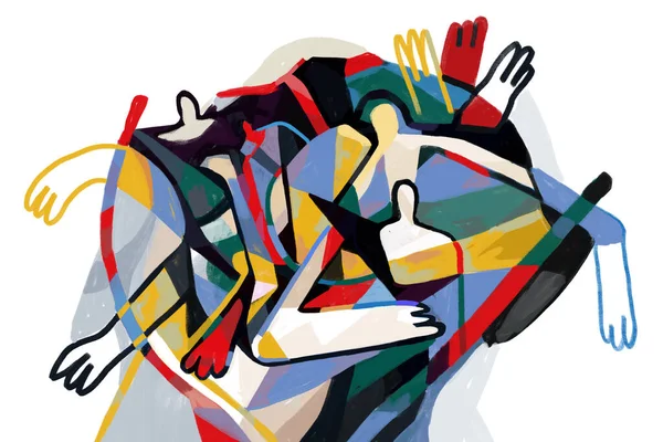 Renkli soyut sanat kübizm sanat tarzı, özgün renklere sahip soyut insanlar. Baskı ve duvar sanatı için. Picasso ve Keith Haring tarzı.