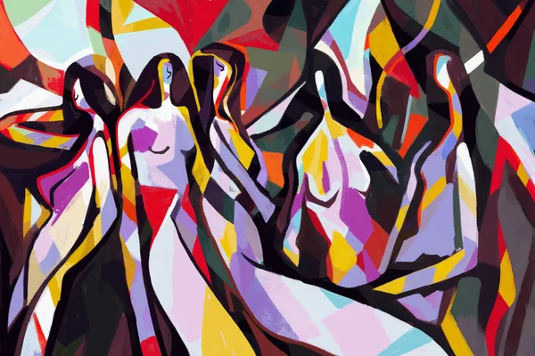 Renkli soyut sanat kübizm sanat tarzı, özgün renklere sahip soyut kadın. Baskı ve duvar sanatı için. Picasso ve Mondrian tarzı.