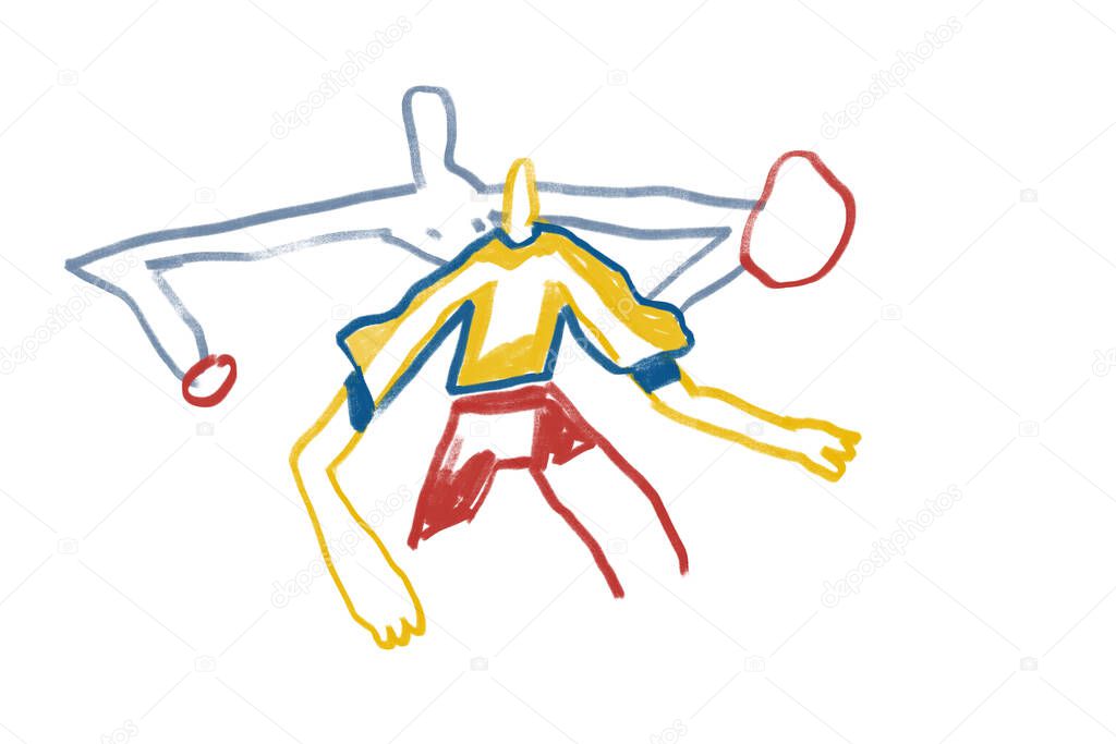 Colorful abstract people, expressionism and Keith Haring art style. Two Abstract people playing with ball. Painting Drawing with primary color, for print and wall art.