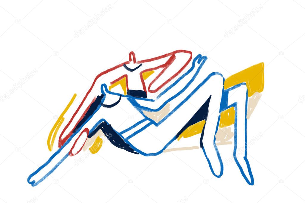 Line art and Colorful abstract people, expressionism and Keith Haring art style. Two people dancing. Painting Drawing with color line and isolated on white, for print and wall art.