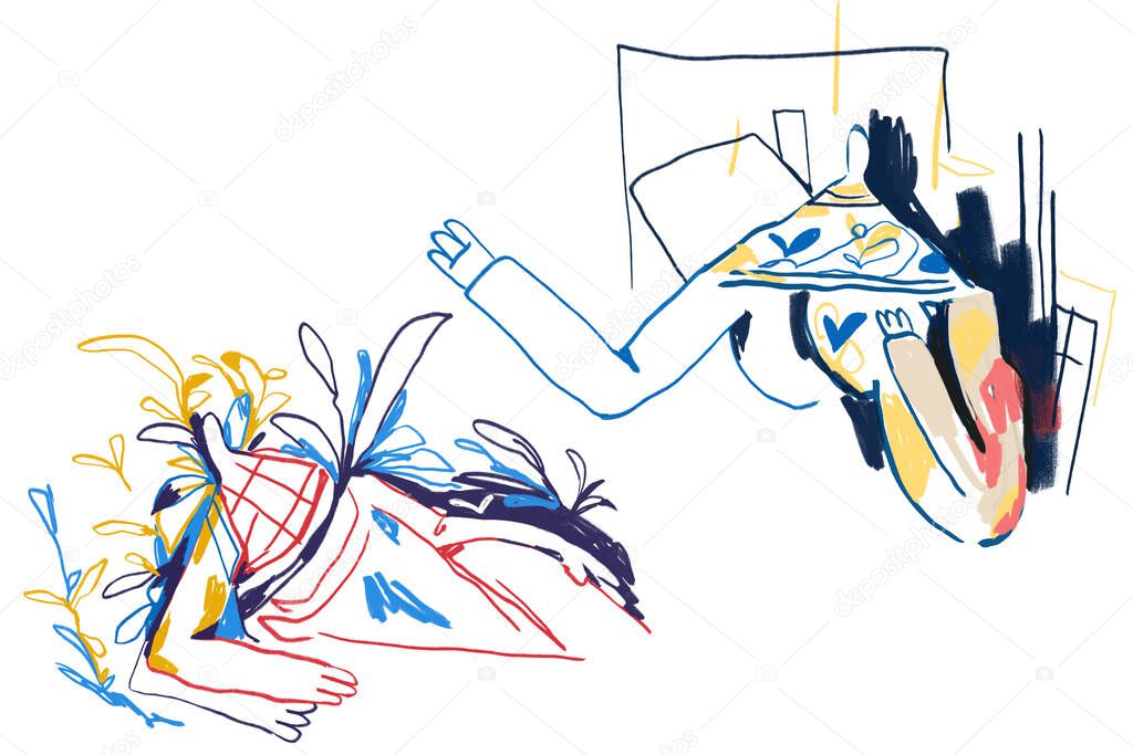 Line art and Colorful abstract people, expressionism and Keith Haring art style. Two people seeing each other. Painting Drawing with color line and isolated on white, for print and wall art.