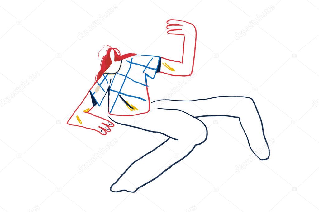 Line art and colorful abstract people, expressionism and Keith Haring art style. Someone dancing. Painting Drawing with primary color and isolated on white, for print and wall art.