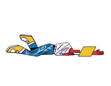 Yerde yatan bir karakter var. Yapılacak bir sürü iş var. Beyaz üzerine izole edilmiş. modern kalın çizgi ve birincil renk