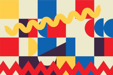 Bauhaus ve Mondrian tarzında kusursuz soyut vektör geometrik desen tasarımı. Renkli, parlak ve modern. Arkaplan, baskı, sanat eseri ve duvar kağıdı için.