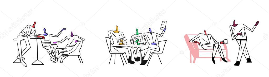 Vector Set with Group of people meeting and talking. Concept of teamwork and business communication on project. Black Line Drawing and flat design Vector Isolated of White.