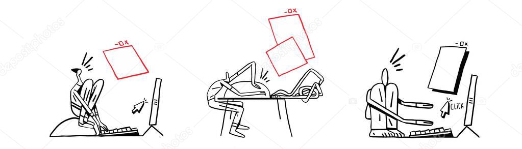 Funny set of technology vector design with people and old school computer. Illustration clip art with Keith Haring influence. Arty and Bold line isolated on white. design for shirt print and geek fan.