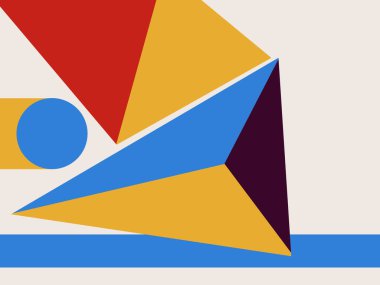 Soyut renkli şekil kolajı. Yüzyılın ortalarında moda ve minimalist modern sanat. Sanat ürünü, baskı ve poster için. Mavi, kırmızı ve sarı ile yaratıcı boyama. Mondrian ve Bauhaus ilham verici..