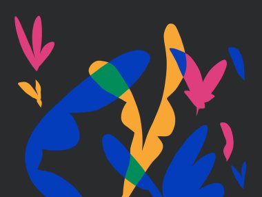 Modern ve soyut illüstrasyon çiçekleri ve bitki renkleri siyah arka planda boyanmıştır. Fauvism ve Henri Matisse 'den gelen titreşim. Sanat eseri baskısı ve moda için..