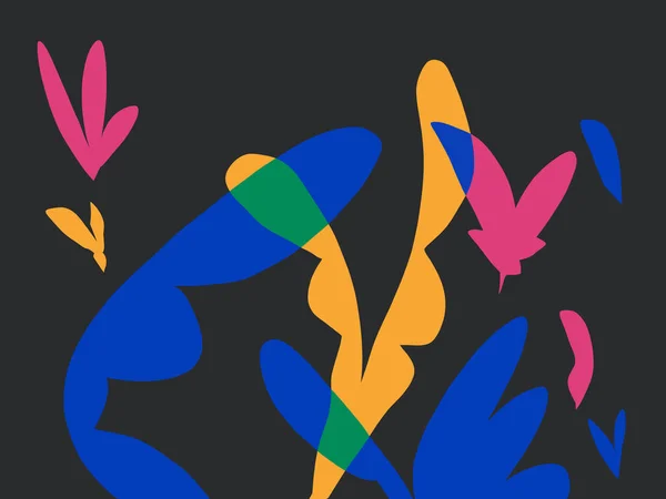 Modern ve soyut illüstrasyon çiçekleri ve bitki renkleri siyah arka planda boyanmıştır. Fauvism ve Henri Matisse 'den gelen titreşim. Sanat eseri baskısı ve moda için..