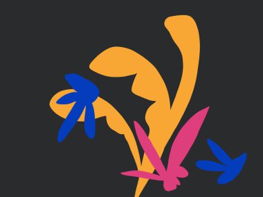 Siyah arka planda resimli renkli bitki kalıbı. Fauvism ve Henri Matisse 'den gelen titreşim. Sanat eseri baskısı ve moda için..
