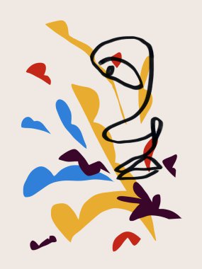 Yüz, burun ve dudaklarla vücut parçası soyut sanat ve birincil renkle kolaj. Moda, basit ve minimalist modern sanat. Baskı ve poster için. Matisse ve Bauhaus titreşimleri.