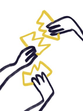 Mavi Eller sarı bir taç tutuyor. Modern ve dışavurumculuk tasarımı. Sanat ürünü, moda ve baskı için boya.