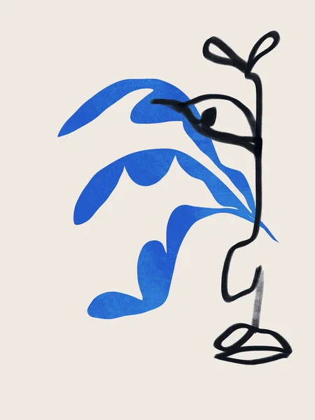 Yüzü, burnu ve dudakları Fransız mavisi kolaj çiçeğiyle sade ve minimalist modern sanatla donatılmış. Sanat ürünü ve poster için çizim tasarımı. Matisse ve Bauhaus titreşimleri.
