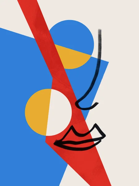 Kadın vücudu portre figürü sanat ve soyut sanat ve kolaj ana renklerle. Moda, basit ve minimalist modern sanat. Sanat ürünü baskısı ve poster için. Poster. Matisse ve Bauhaus titreşimleri.