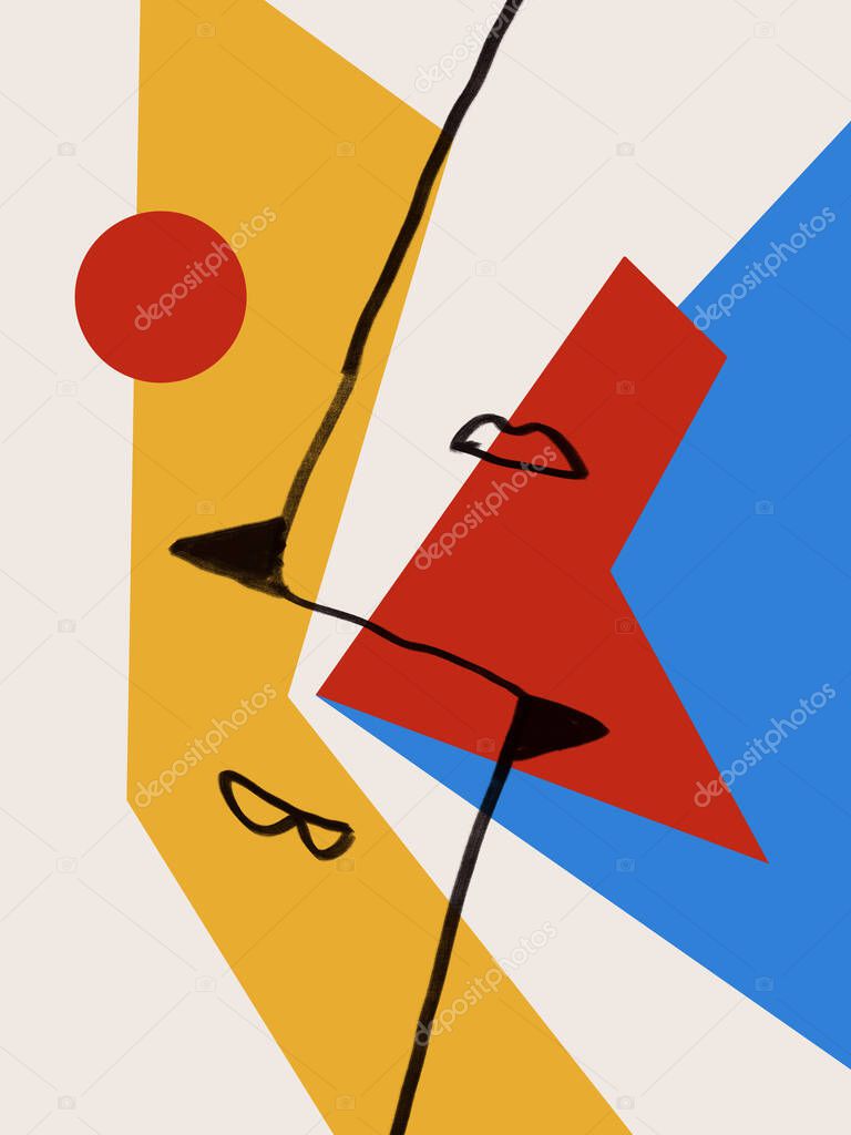Two minimal Woman s figure and Abstract art and collage with primary color. Trendy simple and minimalist modern art. For print and poster. Matisse and Bauhaus vibe.