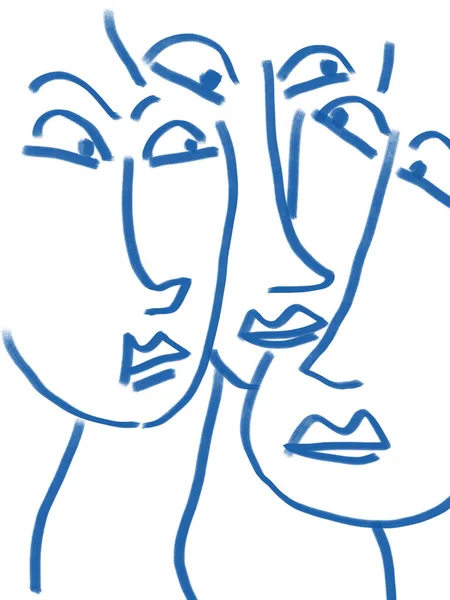 Three Women Close Portrait Draw Blue Line Art Trendy Sketch — Stock Photo, Image