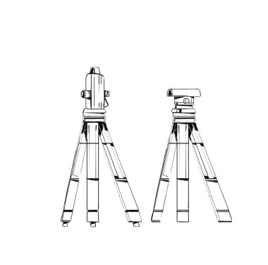 Geometre için tripod makinesinde teodolit ve çizim illüstrasyonunda mühendis. Yapıcı konsepti için topograf. Şarjör sanatı beyaza izole edildi.