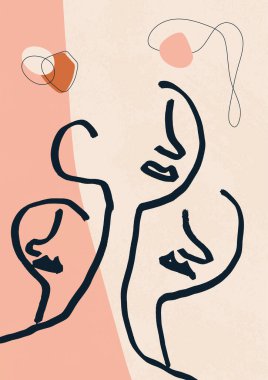 Çizgi çizimi, portre yüzleri. Sanat ürünleri, baskılar ve posterler için Boho tarzında çağdaş moda tasarımı. El çizimi illüstrasyon.