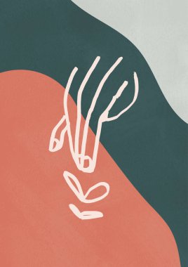 Toprak renklerinde çiçek çizgisi olan soyut bir el. Boho tarzında çağdaş sanat tasarımı. Baskı ve poster için.
