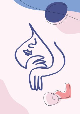 Çizgi sanatı soyut portre yüz ve eller. Boho tarzında rengarenk şekiller ve çizgiler. Baskı, poster duvarı ve sanat ürünü için.