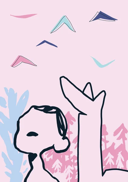 Gökyüzünde çocuk, kurt ve kuşların olduğu soyut bir manzara ve arka planda orman. El çizimi sanatı fauvism ve boho stili pastel renklerde. Baskı, poster duvarı, moda endüstrisi ve sanat ürünü için.