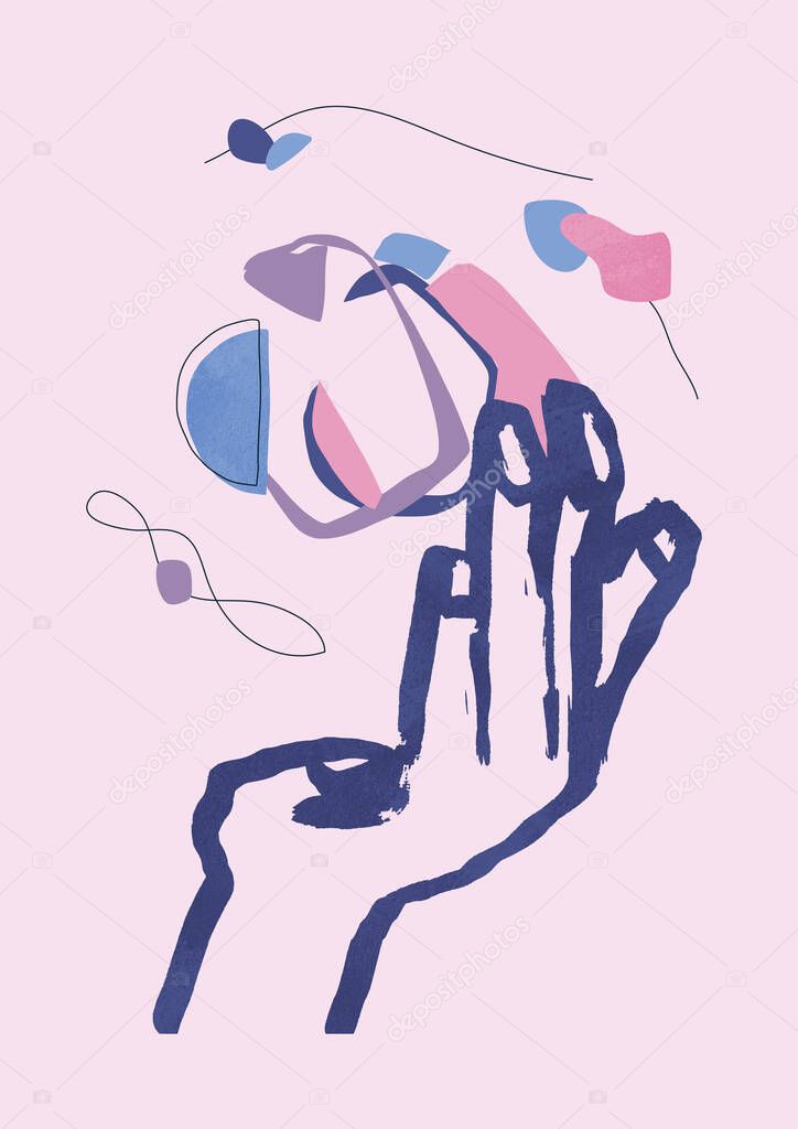 Hand with floating elements in pastel colors. Hand drawn sketch in boho style. For decoration, print, poster and art product.